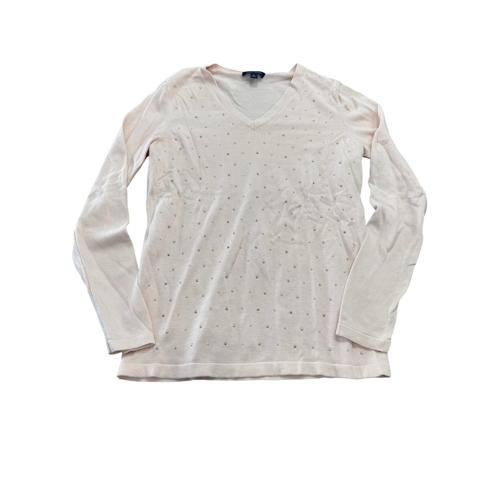 Tommy Hilfiger Womens Pink Cotton Studded V-Neck Long Sleeve Sweater Size Medium